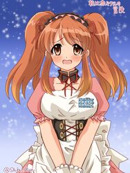  artist_name asahina_mikuru blush breasts brown_eyes collarbone commentary_request corset detached_collar dress female hair_ribbon highres large_breasts long_hair looking_at_viewer maid_headdress munbato_(watari_megumi) neck_ribbon official_alternate_costume official_alternate_hairstyle open_mouth orange_hair pink_dress puffy_short_sleeves puffy_sleeves red_ribbon ribbon short_sleeves solo suzumiya_haruhi_no_yuuutsu tears translation_request twintails twitter_username watermark wrist_cuffs 