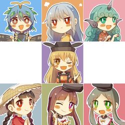  6+girls :&lt; ajirogasa antennae aqua_hair black_hair black_headwear blonde_hair blue_sleeves blush blush_stickers bow braid bright_pupils brown_eyes brown_hair butterfly_wings buttons capelet clenched_hands closed_mouth cloud_print collared_shirt constellation_print curly_hair detached_sleeves dress eternity_larva fairy green_dress green_eyes green_hair grey_dress hair_between_eyes hat hidden_star_in_four_seasons horns index_finger_raised insect_wings kariyushi_shirt keiko_(emoticon) komano_aunn leaf leaf_on_head long_hair matara_okina multicolored_clothes multicolored_dress multiple_girls nishida_satono oerba_yun_fang one_eye_closed open_mouth orange_sleeves pink_dress portrait purple_eyes red_bow red_capelet red_eyes red_shirt sakata_nemuno shirt short_hair short_hair_with_long_locks short_sleeves single-shoulder_dress single_horn smile sun_symbol tabard teireida_mai touhou twin_braids upper_body wavy_hair white_hair white_pupils wide_sleeves wings yatadera_narumi yellow_bow yellow_dress yellow_eyes 