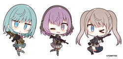  &gt;_o 3girls :&lt; ;) ;d anti-materiel_rifle asato_miyo assault_rifle barrett_m82 black_gloves black_legwear black_skirt blazer blue_eyes blue_legwear blush boots brown_footwear brown_gloves brown_hair brown_jacket chibi closed_mouth commentary_request copyright_notice ear_protection gloves green_hair grey_footwear grey_skirt gun hair_between_eyes headset holding holding_gun holding_weapon jacket knee_pads kneehighs little_armory m4_carbine m4_sopmod_ii mk_18_carbine multiple_girls muuran no_nose official_art one_eye_closed open_mouth parted_lips plaid plaid_skirt pleated_skirt purple_eyes purple_hair purple_jacket rifle shiina_rikka simple_background skirt smile sniper_rifle socks teruyasu_maria triangle_mouth twintails twitter_username weapon white_background 