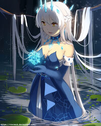  bare_shoulders blue_dress branch breasts choker cleavage crown dress female game hair_between_eyes hairband highres holding honkai_(series) honkai_impact_3rd kiana_kaslana large_breasts lily_pad long_hair snowflakes submerged vierzeck water white_hair yellow_eyes 