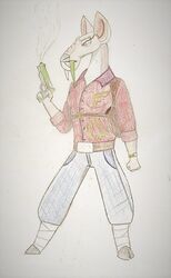  anthro belt bottomwear cervine clock clothed clothing colored_pencil_(artwork) deer denim denim_bottomwear denim_clothing dreamworks dress_shirt graphite_(artwork) gun handgun holster jade_tusk jeans kung_fu_panda male mammal narrowed_eyes pants pencil_(artwork) pistol ranged_weapon shirt shoulder_holster smoking_gun spread_legs spreading squint topwear traditional_media_(artwork) unclesam1976 watch water_deer weapon wristwatch 