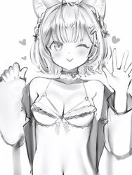  absurdres animal_ears antenna_hair bikini blush breasts choker cleavage collarbone female frilled_bikini frilled_choker frills greyscale hakui_koyori hakui_koyori_(summer) heart heart_bikini highres hololive looking_at_viewer medium_hair monochrome nanashi_(nlo) navel one_eye_closed simple_background smile solo stomach swimsuit tongue tongue_out virtual_youtuber wolf_ears wolf_girl 