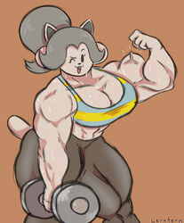  anthro bodily_fluids breasts canid canine clothed clothing dumbbell felid feline female flexing flexing_bicep hair hi_res lerntern mammal muscular muscular_anthro muscular_female one_eye_closed simple_background solo sweat tem temmie_(undertale) topwear undertale undertale_(series) weights white_body wink 