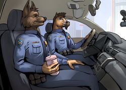  anthro canid canine canis car car_interior clothing disney domestic_dog driver driving duo equid equine hi_res horse humanoid inside_car male mammal motor_vehicle patrol police police_badge police_officer police_uniform thepimpartist uniform vehicle wolf zootopia zootopian zpd 