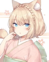  animal_ear_fluff animal_ears ayuanlv blonde_hair blue_eyes braid cat_ears cat_tail cherry_blossoms commentary facial_mark female final_fantasy final_fantasy_xiv food french_braid fruit japanese_clothes kimono looking_at_viewer miqo&#039;te obi parted_lips pink_kimono sash short_hair solo symbol-only_commentary tail tail_raised upper_body warrior_of_light_(ff14) yellow_tail 