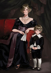  1boy absurdres ai-wa black_curtains black_dress black_flower black_footwear black_pants black_rose black_shirt brown_eyes brown_hair couch curtains dress earrings female fire_emblem fire_emblem_fates flower hairband hand_fan highres jewelry leo_(fire_emblem) looking_at_viewer mother_and_son necklace painting_(object) pants paper_fan portrait_(object) rose shirt white_legwear younger 