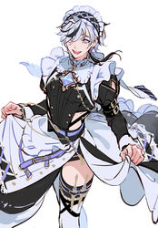  1boy apron blade_(nu_carnival) crossdressing dsmile grey_hair highres juliet_sleeves long_sleeves looking_at_viewer maid maid_apron maid_headdress male_focus male_maid nu_carnival official_alternate_costume otoko_no_ko puffy_sleeves purple_eyes short_hair solo white_hair 