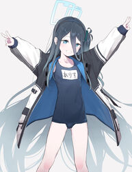  alternate_costume aqua_halo aris_(blue_archive) arms_up black_hairband blue_archive blue_eyes blue_hair blush breasts collarbone dark_blue_hair double_v female grey_background hair_between_eyes hairband halo happy healthyman highres jacket long_hair_between_eyes one-piece_swimsuit rectangular_halo school_swimsuit simple_background small_breasts solo swimsuit v white_background 