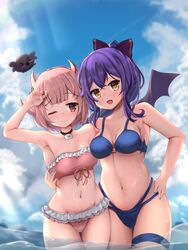  &gt;_&lt; 2girls absurdres arm_around_waist armpits bat_girl bat_wings bikini bird black_bow black_choker blue_bikini blue_hair blue_nails bobicess bow breasts choker cleavage cloud collarbone commentary crow day english_commentary frilled_bikini frills hairbow hand_on_own_hip highres matsuro_meru medium_breasts midriff multiple_girls muni_(matsuro_meru) navel one_eye_closed outdoors pink_bikini pink_tube_top ponytail red_eyes short_hair sky small_breasts smile strapless swimsuit thigh_strap tsunderia tube_top virtual_youtuber water wings yazaki_kallin 