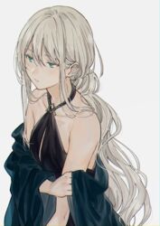  alternate_costume an-94_(girls&#039;_frontline) an-94_(silent_rouge)_(girls&#039;_frontline) aqua_eyes asawa_(dm_owr) bare_shoulders black_dress closed_mouth collarbone commentary_request dress evening_gown female formal from_above girls&#039;_frontline hair_behind_ear hair_between_eyes halter_dress halterneck highres holding_own_arm long_hair off_shoulder official_alternate_costume pale_skin platinum_blonde_hair sidelocks solo 