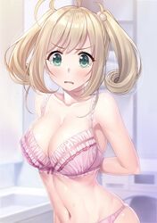  &gt;:( ahoge arms_behind_back blonde_hair blurry blurry_background blush bra breasts cleavage collarbone constricted_pupils dressing female frilled_bra frills green_eyes hair_bobbles hair_ornament highres idolmaster idolmaster_cinderella_girls large_breasts linea_alba looking_at_viewer medium_hair navel open_mouth panties pink_bra pink_panties pov sato_shin short_twintails sidelocks solo surprised tareme twintails underwear v-shaped_eyebrows walk-in water_drop yamakaze_ran 