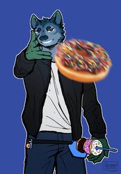  absurd_res anthro blue_background blue_body blue_fur canid canine canis circle_eyebrows clothed clothing dessert digital_drawing_(artwork) digital_media_(artwork) doughnut eyebrows food fur green_body green_fur hi_res looking_at_viewer male mammal meme pastry simple_background sinser sinser_(character) solo standing teeth_showing throwing throwing_food throwing_object wolf 