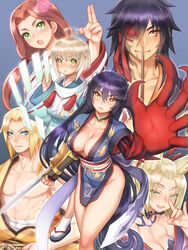  3boys 3girls black_gloves black_hair blonde_hair blue_background blue_eyes breasts brown_eyes brown_hair choker cleavage closed_mouth collarbone commentary_request eizen_(tales) eleanor_hume eleanor_hume_(japon_clothes) fingerless_gloves floating_hair folks_(nabokof) gloves green_eyes grey_hair hair_between_eyes hair_intakes highres japanese_clothes kimono laphicet_(tales) large_breasts long_hair looking_at_viewer magilou_(japon_clothes)_(tales) magilou_(tales) medium_breasts miko multiple_boys multiple_girls no_panties official_alternate_costume onmyouji open_mouth red_eyes rokurou_rangetsu samurai simple_background slit_pupils smile tabi tales_of_(series) tales_of_berseria v-shaped_eyebrows velvet_crowe velvet_crowe_(japon_clothes) very_long_hair white_kimono white_legwear yellow_eyes yellow_kimono 