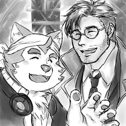  1:1 anthro blush canid canine canis clothed clothing domestic_dog duo electronics eyebrows eyewear glasses greyscale headphones headphones_around_neck human kinaisan22511 lifewonders live_a_hero male mammal mokdai monochrome narihito_karue necktie pawpads smile stubble thick_eyebrows 