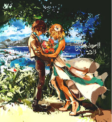  1boy blonde_hair bouquet brother_and_sister brown_hair cagalli_yula_athha closed_eyes dress female flower formal gundam gundam_seed hair_flower hair_ornament holding holding_bouquet jtr kira_yamato nail_polish outdoors purple_eyes short_hair siblings smile suit tree 