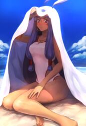  absurdres barefoot beach blue_sky breasts cloud commentary competition_swimsuit dark-skinned_female dark_skin day fate/grand_order fate_(series) female foot_out_of_frame highres kneeling large_breasts light_frown long_hair looking_at_viewer nitocris_(fate) nitocris_(swimsuit_assassin)_(fate) nitocris_(swimsuit_assassin)_(second_ascension)_(fate) one-piece_swimsuit outdoors purple_eyes purple_hair sand sitting sixiland sky solo swimsuit water yokozuwari 