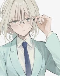  adjusting_clothes adjusting_eyewear alternate_costume an-94_(antje)_(girls&#039;_frontline) an-94_(girls&#039;_frontline) aqua_eyes aqua_jacket asawa_(dm_owr) black-framed_eyewear blue_necktie breast_pocket collared_shirt dress_shirt female finger_on_eyewear formal girls&#039;_frontline hair_behind_eyewear hair_between_eyes highres jacket long_bangs long_sleeves looking_at_viewer necktie official_alternate_costume over-rim_eyewear parted_lips pocket semi-rimless_eyewear shirt short_hair solo suit suit_jacket tsurime upper_body white_hair white_shirt 