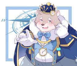  1boy absurdres bara bear_boy blue_bow blue_jacket blue_vest blush bow buttons compass fat furry furry_male gloves green_eyes highres jacket jambavan_(housamo) looking_at_viewer male_focus oerba_yun_fang pocket_watch shirt solo sweatdrop tokyo_afterschool_summoners vest watch white_gloves white_shirt yed_(yedsilent) 