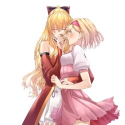  2girls arm_around_waist bare_shoulders blonde_hair blush choker closed_eyes commentary djeeta_(granblue_fantasy) fighter_(granblue_fantasy) granblue_fantasy hair_between_eyes hairband highres holding holding_another&#039;s_hair lace lace_choker long_hair multiple_girls pink_hairband short_hair smelling_hair soruna_(nell) vira_(granblue_fantasy) white_background yuri 