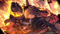  1other abs arc_(housamo) belt biceps blonde_hair brown_eyes chest_hair chest_harness commentary_request crying crying_with_eyes_open dai-xt embers fire gauntlets gloves harness helmet holding large_pectorals multiple_boys muscular muscular_male official_art pectorals red_eyes surtr_(housamo) tears tokyo_afterschool_summoners upper_body veins 