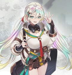  belt belt_pouch black_collar black_gloves black_skirt blonde_hair blush breasts brown_belt case collar commentary cowboy_shot cupitan_(granblue_fantasy) detached_collar female fingerless_gloves gloves gradient_hair granblue_fantasy green_eyes green_hair grey_hair hair_between_eyes hand_up high_collar highres large_breasts long_hair long_sleeves looking_at_viewer multicolored_hair nyoro_(nyoronyoro000) open_mouth pink_hair pouch puffy_long_sleeves puffy_sleeves rainbow_hair shirt skirt smile solo teeth twintails upper_teeth_only white_shirt 