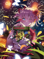  absurdres aerial_fireworks blue_eyes blush female festival fireworks flower green_tea hair_flower hair_ornament hair_ribbon highres holding holding_flower japanese_clothes kimono one_eye_closed original pink_hair pink_kimono red_ribbon ribbon smile summer_festival tea vierzeck yukata 