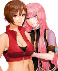  2girls black_tube_top blue_eyes breasts brown_eyes brown_hair cleavage collarbone commentary crop_top hair_between_eyes high_collar long_hair looking_at_viewer megurine_luka meiko_(vocaloid) meriko midriff multiple_girls parted_lips pink_hair red_shirt shirt sleeveless smile strapless tube_top upper_body vocaloid zipper 