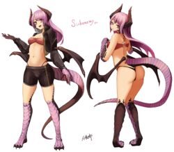  :d animal_hands ass bandeau black_jacket black_panties black_shorts bra breasts claws cleavage cropped_jacket dragon_girl dragon_horns dragon_tail dragon_wings female fewer_digits full_body hand_up highres hitokuirou horns jacket knees_together_feet_apart long_hair looking_at_viewer low_wings monster_girl multiple_views navel open_clothes open_jacket open_mouth original panties parted_lips pigeon-toed purple_hair red_bra red_eyes scales shorts signature simple_background smile stomach tail thong underwear white_background wings 