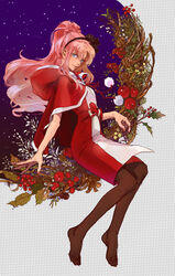  blue_eyes brown_pantyhose capelet dress female fur-trimmed_capelet fur_trim gundam gundam_seed highres hood hooded_capelet jtr lacus_clyne long_hair pantyhose pink_hair red_dress santa_dress smile solo 