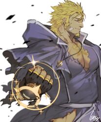  1boy bara beard blonde_hair chest clenched_hand closed_eyes facial_hair gloves gomtang jacob_(tokyo_houkago_summoners) jewelry long_hair long_sleeves male_focus muscle necklace pectorals priest shiny simple_background smile solo thighs tokyo_houkago_summoners 