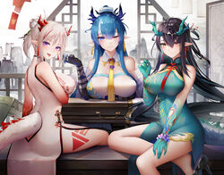  3girls :p ;d absurdres arknights ass bad_bilibili_id bad_id bare_legs bare_shoulders bead_bracelet beads binggong_asylum black_footwear black_gloves black_hair blue_dress blue_eyes blue_hair blue_skin blush bracelet breast_hold breasts china_dress chinese_clothes closed_mouth colored_skin cup detached_collar dragon_girl dragon_horns dragon_tail dress dusk_(arknights) dusk_(everything_is_a_miracle)_(arknights) earrings elbow_gloves gloves gradient_skin hair_between_eyes high_heels highres holding holding_cup horns impossible_clothes impossible_dress jewelry large_breasts leg_tattoo ling_(arknights) long_hair looking_at_viewer looking_back multicolored_hair multiple_girls neck_ribbon necktie nian_(arknights) nian_(unfettered_freedom)_(arknights) official_alternate_costume one_eye_closed parted_lips pelvic_curtain pointy_ears purple_eyes red_eyes red_hair red_ribbon red_skin ribbon shoe_dangle short_hair short_ponytail siblings sisters sitting sleeveless sleeveless_dress smile strapless streaked_hair table tail tail_through_clothes tattoo tongue tongue_out very_long_hair white_dress wooden_table yellow_necktie 