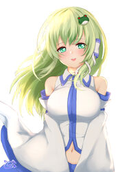  blue_skirt blush breasts collared_shirt detached_sleeves female frog_hair_ornament green_eyes green_hair hair_between_eyes hair_ornament hair_tubes highres kochiya_sanae large_breasts long_hair looking_at_viewer navel nontraditional_miko open_mouth shirt signature simple_background skirt sleeveless sleeveless_shirt smile snake_hair_ornament solo touhou upper_body usaka_ray white_background white_shirt 