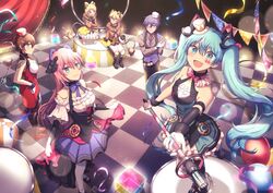  2boys 4girls :d black_pants black_sleeves blonde_hair blue_eyes blue_hair blue_neckwear blue_ribbon bow bowtie breasts brown_eyes brown_hair checkered_floor collarbone collared_shirt commentary_request detached_sleeves facial_mark floating_hair gloves grey_shirt hair_between_eyes hair_ornament hat hatsune_miku holding holding_microphone_stand kagamine_len kagamine_rin kaito_(vocaloid) kneeling lens_flare long_hair long_sleeves looking_at_viewer magical_mirai_(vocaloid) magical_mirai_kaito magical_mirai_kaito_(2019) magical_mirai_len magical_mirai_len_(2019) magical_mirai_luka magical_mirai_luka_(2019) magical_mirai_meiko magical_mirai_meiko_(2019) magical_mirai_miku magical_mirai_miku_(2019) magical_mirai_rin magical_mirai_rin_(2019) medium_breasts megurine_luka meiko_(vocaloid) microphone_stand mini_hat miniskirt multiple_boys multiple_girls nanase_(nns_6077) neck_ribbon open_mouth pants pink_bow pink_bowtie pink_hair pleated_skirt print_skirt purple_eyes purple_hair purple_skirt ribbon shirt short_hair shorts sitting skirt smile twintails very_long_hair vocaloid white_gloves white_headwear white_shorts white_skirt wing_collar 