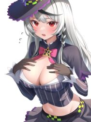  absurdres black_gloves black_hair black_skirt blush border bow braid breasts center_opening cleavage commentary_request cosplay cropped_shirt female gloves grey_hair hands_on_own_chest hat highres hololive kuchitani large_breasts long_hair long_sleeves midriff multicolored_hair murasaki_shion murasaki_shion_(1st_costume) murasaki_shion_(cosplay) navel open_mouth pink_bow pinstripe_pattern pinstripe_shirt red_eyes sakamata_chloe shirt side_braid simple_background single_braid skirt solo stomach streaked_hair striped sweatdrop virtual_youtuber white_background white_border witch_hat 