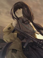  assault_rifle black_gloves black_hair black_skirt breasts brown_sweater_vest closed_mouth clothes_pull colt_9mm_smg female girls&#039;_frontline gloves gun hair_ornament hairclip haonfest heterochromia holding holding_gun holding_weapon id_card jacket jacket_pull long_hair long_sleeves looking_away mask mask_around_neck medium_breasts multicolored_hair noveske_space_invader red_eyes respirator rifle ro635_(girls&#039;_frontline) ro635_(mod3)_(girls&#039;_frontline) skirt solo streaked_hair sweater_vest upper_body weapon yellow_eyes yellow_jacket 