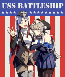  2girls ahoge american_flag american_flag_background asymmetrical_legwear black_necktie black_pantyhose blue_eyes blue_hair blue_neckwear blue_skirt blush breasts chinese_commentary closed_mouth commentary_request crossed_arms detached_sleeves flag_background grey_hair hand_on_another&#039;s_head headgear highres jacket kantai_collection large_breasts long_hair long_sleeves multicolored_hair multiple_girls nan_(nanyayyay) necktie one_eye_closed open_mouth pantyhose pleated_skirt red_hair rivalry shirt single_leg_pantyhose single_thighhigh skirt south_dakota_(kancolle) star_(symbol) sweat thighhighs uneven_legwear washington_(kancolle) white_hair 