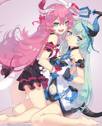  2girls bangs bare_legs benghuai_xueyuan blue_eyes blue_hair blue_ribbon dress frilled_dress frills hair_between_eyes hair_ribbon highres holding_hands honkai_(series) honkai_impact_3rd liliya_olenyeva long_hair multiple_girls navel oerba_yun_fang pink_hair pink_ribbon ribbon rozaliya_olenyeva seiza siblings sitting twins vierzeck 