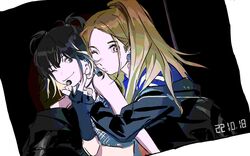  2girls animification black_gloves black_hair black_jacket blonde_hair blue_choker blue_shirt brown_eyes brown_hair choker crop_top cropped_shirt dated earpiece earrings fingerless_gloves gloves grey_eyes hair_behind_ear highres hug huh_yun-jin jacket jewelry k_k_2443 kim_chae-won le_sserafim long_hair multicolored_hair multiple_girls off_shoulder one_eye_closed parted_hair ponytail puckered_lips real_life shirt streaked_hair two_side_up 