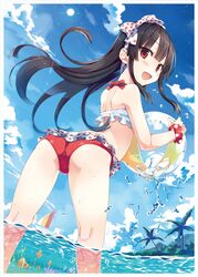  :d archived_source ass ball beach beachball bikini bikini_skirt black_hair boat bow clownfish cura day feet_out_of_frame female fish frilled_bikini frills from_behind hachiroku_(maitetsu) hairbow halterneck highres holding holding_ball holding_beachball kneepits long_hair looking_at_viewer looking_back maitetsu official_art open_mouth outdoors palm_tree partially_underwater_shot polka_dot polka_dot_bikini red_eyes scrunchie smile solo splashing standing sun swimsuit tree tropical_fish wading water watercraft wrist_scrunchie 