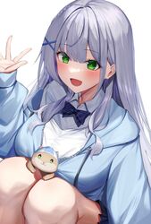  blue_hoodie blush bow bowtie breasts collared_shirt dan&#039;in-san_(shirogane_noel) female green_eyes grey_hair hair_ornament highres hololive hood hoodie knees_up large_breasts long_hair long_sleeves menmen_(menmen13s) off_shoulder open_mouth partially_unzipped shirogane_noel shirogane_noel_(school_uniform) shirt simple_background smile solo virtual_youtuber white_background white_shirt x_hair_ornament 