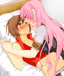  2girls bed blue_eyes blue_nails blush brown_eyes brown_hair closed_mouth collarbone commentary cowgirl_position crop_top eye_contact high_collar holding_hands indoors interlocked_fingers long_hair looking_at_another lying megurine_luka meiko_(vocaloid) meriko midriff multiple_girls navel on_back pillow pink_hair red_nails red_shirt shirt short_hair sleeveless sleeveless_shirt vocaloid yuri 