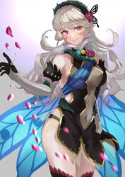  absurdres blush breasts butterfly_hair_ornament cape collar corrin_(female)_(fire_emblem) corrin_(female)_(resplendent)_(fire_emblem) corrin_(fire_emblem) female fire_emblem fire_emblem_fates fire_emblem_heroes flower gloves hair_between_eyes hair_ornament hairband highres long_hair navel official_alternate_costume panty_straps plant pointy_ears red_eyes red_flower red_rose rose see-through smile solo thorns tyotto_ko_i white_hair wing_cape 