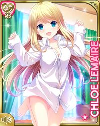  arms_up barefoot blonde_hair blue_eyes breasts character_name chloe_lemaire cleavage curtains dress_shirt female girlfriend_(kari) indoors leg_up long_hair no_pants official_art open_mouth qp:flapper shirt smile solo standing standing_on_one_leg white_shirt window 