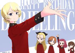  5girls absurdres arm_up assam_(girls_und_panzer) birthday black_ribbon blonde_hair blue_eyes braid braided_bun braided_ponytail brown_eyes brown_hair character_name closed_mouth commentary darjeeling_(girls_und_panzer) dated english_text from_side frown girls_und_panzer hair_bun hair_over_shoulder hair_pulled_back hair_ribbon happy_birthday highres jacket long_hair long_sleeves looking_at_viewer medium_hair military military_uniform multiple_girls oerba_yun_fang open_mouth orange_hair orange_pekoe_(girls_und_panzer) oritako parted_bangs raised_fist reaching reaching_towards_viewer red_hair red_jacket ribbon rosehip_(girls_und_panzer) rukuriri_(girls_und_panzer) short_hair single_braid smile st._gloriana&#039;s_military_uniform standing text_background twin_braids uniform 