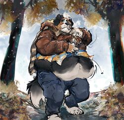  airborne_object anthro aokamidu autumn belly belly_overhang bernese_mountain_dog big_belly black_body black_fur brown_body brown_fur button_(fastener) button_pop canid canine canis claws clothed clothing detailed_background domestic_dog fur male mammal midriff molosser mountain_dog muffin_top navel obese obese_anthro obese_male outside overweight overweight_anthro overweight_male plant sam_(thesammon) scarf solo standing straining_buttons struggling swiss_mountain_dog tight_clothing toe_claws tree unbuttoned wardrobe_malfunction white_body white_fur 