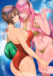  2girls ;d ass ball beachball bikini blue_eyes breasts brown_eyes brown_hair cloud commentary cowboy_shot dutch_angle frilled_bikini frills hair_between_eyes hairband highres holding holding_ball holding_beachball long_hair looking_at_viewer looking_back medium_breasts megurine_luka meiko_(vocaloid) meriko multicolored_hairband multiple_girls navel one-piece_swimsuit one_eye_closed open_mouth outdoors pink_hair red_one-piece_swimsuit short_hair side-tie_bikini_bottom sideboob sky smile swimsuit teeth thighs upper_teeth_only vocaloid water watermelon_beachball waves wet yellow_bikini 