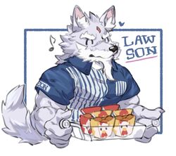  2023 aidemcc anthro blue_clothing blue_shirt blue_topwear canid canine canis closed_eyes clothed clothing digital_drawing_(artwork) digital_media_(artwork) facial_markings food food_tray forehead_markings fully_clothed fur grey_body grey_fur head_markings heart_symbol hi_res holding_object law_(sdorica) male mammal markings muscular muscular_anthro muscular_male musical_note red_markings sdorica shirt simple_background solo topwear wolf 