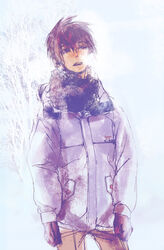  1boy breath brown_hair coat gloves gundam gundam_seed jtr kira_yamato male_focus monochrome purple_eyes scarf short_hair solo winter_clothes winter_coat 