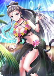  beach bikini bird black_bikini black_nails blue_bird blue_eyes breasts circlet eir_(fire_emblem) eir_(summer)_(fire_emblem) female fire_emblem fire_emblem_heroes grey_hair high_ponytail highres kakiko210 large_breasts looking_at_viewer nail_polish navel ocean official_alternate_costume outdoors palm_tree smile swimsuit tree 