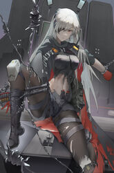  absurdres black_shirt boots breasts chinese_commentary closed_mouth commentary_request cuffs evelyn_(neural_cloud) eyepatch female full_body girls&#039;_frontline girls&#039;_frontline_neural_cloud gloves grey_shorts gun hair_between_eyes hair_over_one_eye highres knees large_breasts legs linea_alba long_hair looking_at_viewer midriff navel pantyhose red_eyes red_gloves restrained sail_(apha7775) serious shackles shirt shorts shotgun shotgun_shell sitting solo spread_legs swept_bangs thighs torn_clothes torn_pantyhose torn_shirt weapon white_hair 